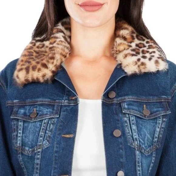 🆕KUT from the Kloth Jean Jacket Denim Blue Leopard Collar Small - Picture 5 of 11